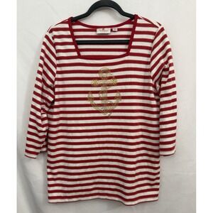 Quacker‎ Factory Red White Gold Striped Studded Anchor 3/4 Sleeve Cruise Size L
